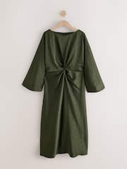 Green Jaquard Twist Front Long Sleeve Satin Maxi Dress - Image 1 of 3