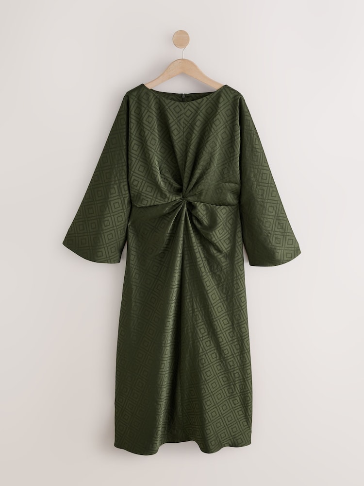 Green Jaquard Twist Front Long Sleeve Satin Maxi Dress - Image 1 of 3