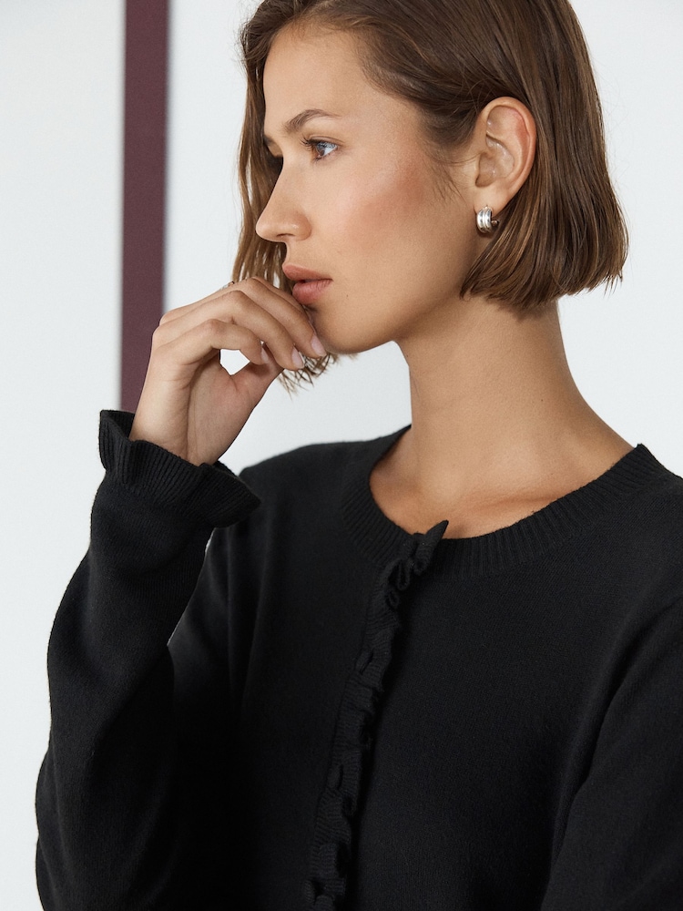 Black Print Long Sleeve Frill Cuff Knit Cardigan 2 in 1 Mini Dress - Image 5 of 5 Black Print Long Sleeve Frill Cuff Knit Cardigan 2 in 1 Mini Dress - Image 5 of 5
