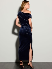 Navy Blue Velvet One Shoulder Ruched Midi Dress - Image 4 of 8