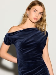 Navy Blue Velvet One Shoulder Ruched Midi Dress - Image 5 of 8