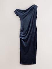 Navy Blue Velvet One Shoulder Ruched Midi Dress - Image 6 of 8