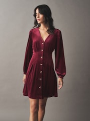 Burgundy Red Long Sleeve Velvet Cinched Waist Mini Dress - Image 1 of 8