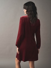 Burgundy Red Long Sleeve Velvet Cinched Waist Mini Dress - Image 2 of 8