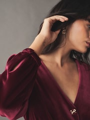Burgundy Red Long Sleeve Velvet Cinched Waist Mini Dress - Image 4 of 8