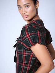 Red Check Puff Sleeve Collar Bow Mini Dress - Image 4 of 7