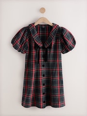 Red Check Puff Sleeve Collar Bow Mini Dress - Image 5 of 7