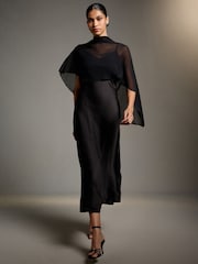 Black Asymetric Sheer Cape Textured Satin Midi Dress - Image 1 of 8