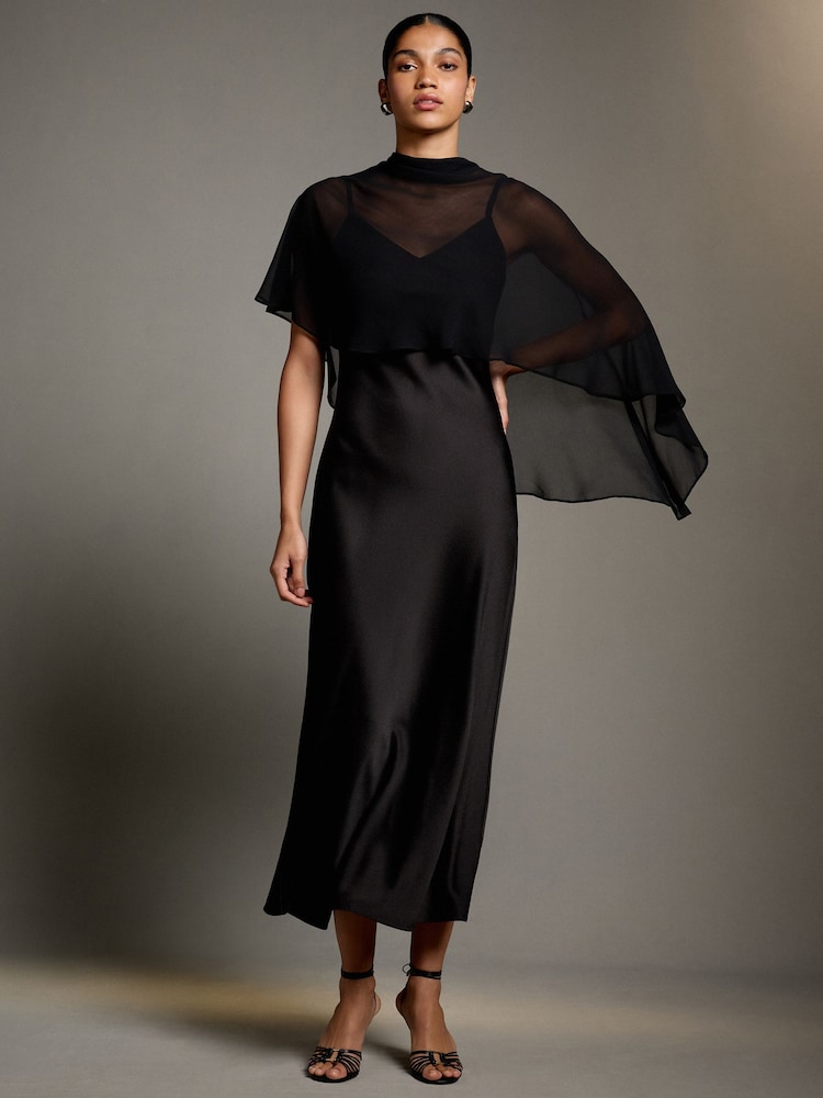 Black Asymetric Sheer Cape Textured Satin Midi Dress - Image 2 of 8 Black Asymetric Sheer Cape Textured Satin Midi Dress - Image 2 of 8