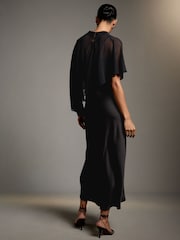 Black Asymetric Sheer Cape Textured Satin Midi Dress - Image 3 of 8