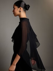 Black Asymetric Sheer Cape Textured Satin Midi Dress - Image 4 of 8