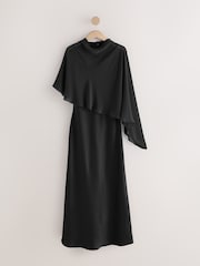 Black Asymetric Sheer Cape Textured Satin Midi Dress - Image 5 of 8