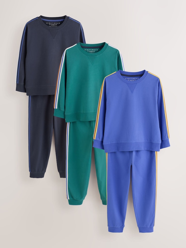 Blue/Black/Green Side Stripe Long Sleeve Jogger Pyjamas Set 3 Pack (3-16yrs) - Image 1 of 9 Blue/Black/Green Side Stripe Long Sleeve Jogger Pyjamas Set 3 Pack (3-16yrs) - Image 1 of 9
