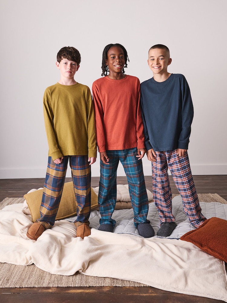 Orange/Teal/Mustard Woven Check Pyjamas 3 Pack (3-16yrs) - Image 1 of 3 Orange/Teal/Mustard Woven Check Pyjamas 3 Pack (3-16yrs) - Image 1 of 3