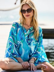 Sosandar Blue Abstract Print Metallised Fibre Gold Trim Kaftan With Beaded Coverups - Image 2 of 5