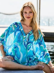 Sosandar Blue Abstract Print Metallised Fibre Gold Trim Kaftan With Beaded Coverups - Image 4 of 5