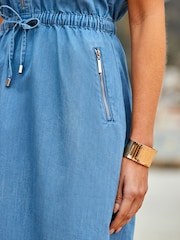 Sosandar Blue Drawstring Waist Denim Dress With Pockets Dress - Image 3 of 4