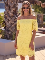 Sosandar Yellow Broderie Bardot Dress - Image 4 of 5