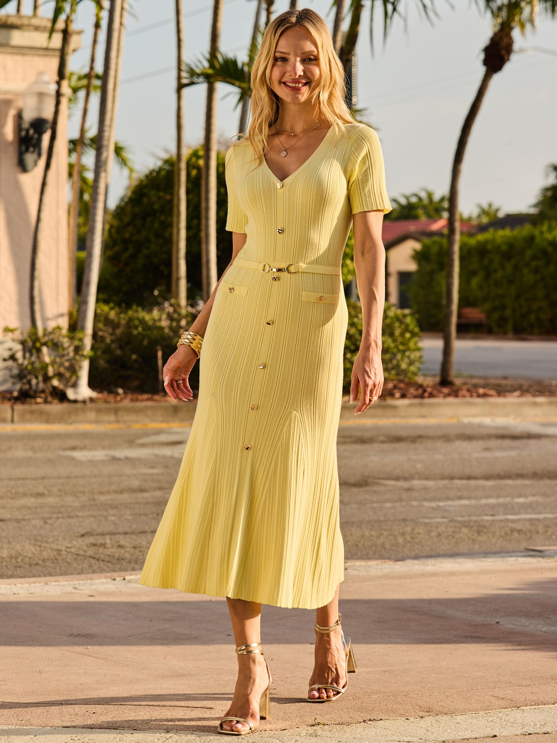 Buy Sosandar Yellow Button Through Rib Knit Fit & Flare Midi Dress