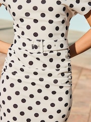 Sosandar White Polka Dot Print Off The Shoulder Belted Midi Dress - Image 4 of 5