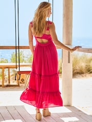 Sosandar Pink Tie Shoulder Crinkle Maxi Dress - Image 4 of 5