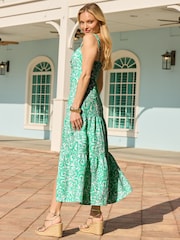 Sosandar Green Paisley Print Linen Blend Split Hem Midaxi Dress - Image 2 of 5