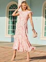 Sosandar Pink Petite Abstract Print Frill Hem Midaxi Dress - Image 1 of 5