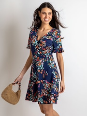 Pour Moi Navy Multi Floral Birdie Stretch Viscose Jersey Wrap Front Dress - Image 1 of 4