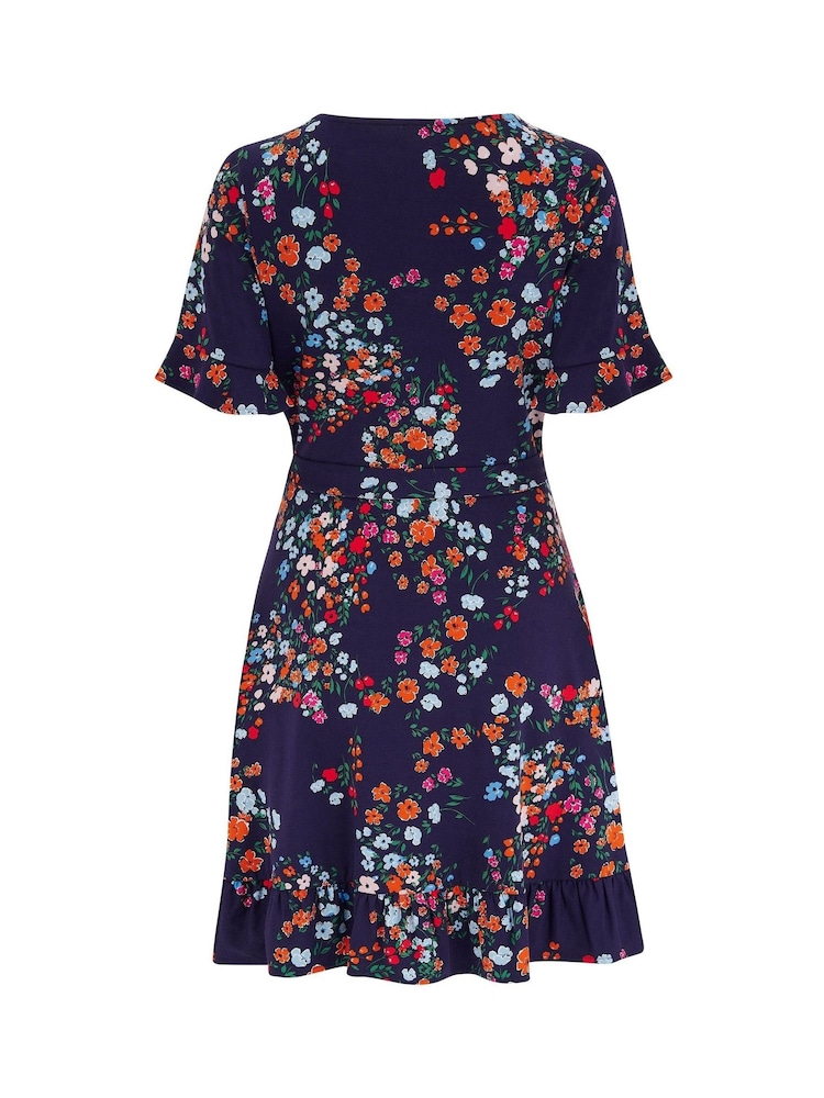 Pour Moi Navy Multi Floral Birdie Stretch Viscose Jersey Wrap Front Dress - Image 4 of 4