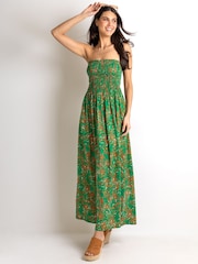 Pour Moi Green Ditsy Emma Strapless Shirred Bodice Woven Maxi Beach Dress - Image 1 of 4