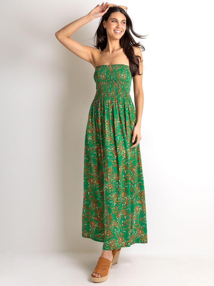 Pour Moi Green Ditsy Emma Strapless Shirred Bodice Woven Maxi Beach Dress - Image 1 of 4 Pour Moi Green Ditsy Emma Strapless Shirred Bodice Woven Maxi Beach Dress - Image 1 of 4