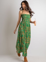 Pour Moi Green Ditsy Emma Strapless Shirred Bodice Woven Maxi Beach Dress - Image 2 of 4