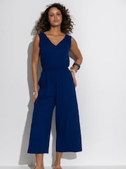 Pour Moi Navy Maya Fuller Bust Cotton Slub Jersey Built Up Cropped Leg Jumpsuit - Image 1 of 4