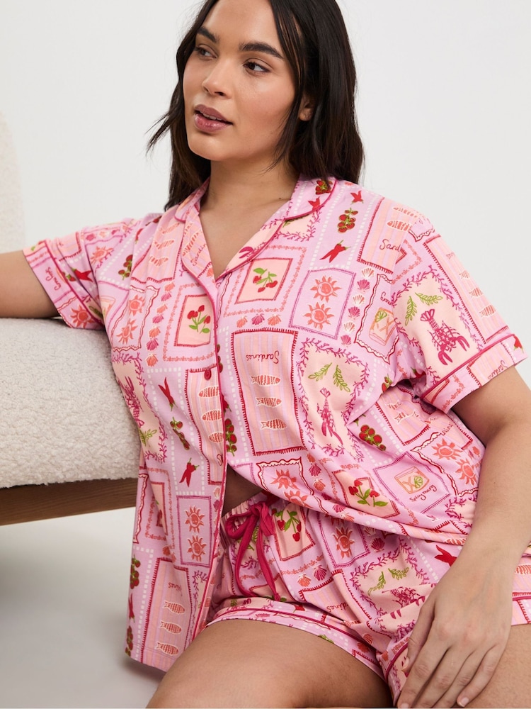 Simply Be Pink Shortie Print Revere Pyjamas Set - Image 1 of 4 Simply Be Pink Shortie Print Revere Pyjamas Set - Image 1 of 4