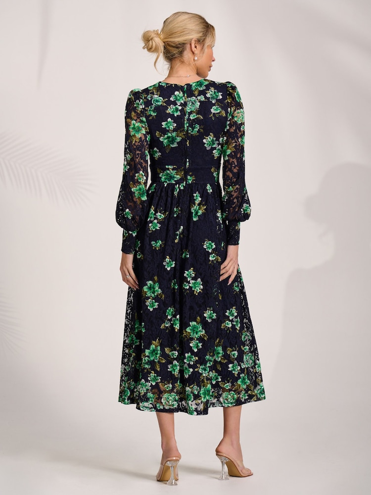 Jolie Moi Blue Long Sleeve Printed Lace Maxi Dress - Image 2 of 6