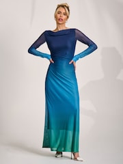 Jolie Moi Green Ombre Long Sleeve Slash Neck Mesh Maxi Dress - Image 1 of 6