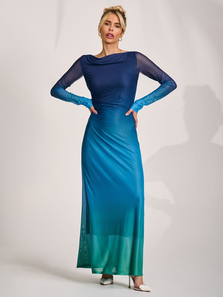 Jolie Moi Green Ombre Long Sleeve Slash Neck Mesh Maxi Dress - Image 1 of 6