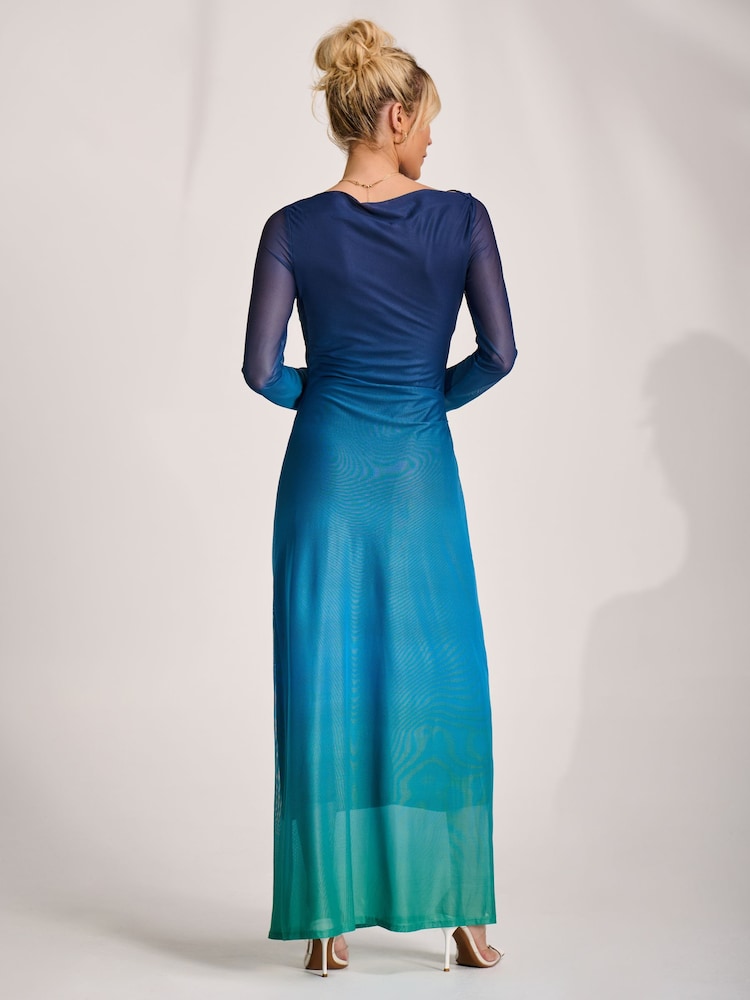Jolie Moi Green Ombre Long Sleeve Slash Neck Mesh Maxi Dress - Image 2 of 6