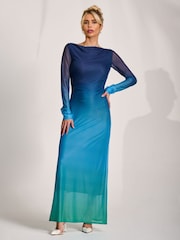Jolie Moi Green Ombre Long Sleeve Slash Neck Mesh Maxi Dress - Image 4 of 6