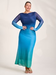 Jolie Moi Green Ombre Long Sleeve Slash Neck Mesh Maxi Dress - Image 6 of 6