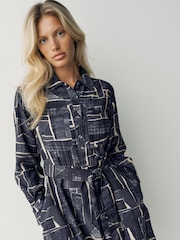 Navy/Blue Print Long Sleeve Tie Waist Shirt Dress - Image 4 of 7