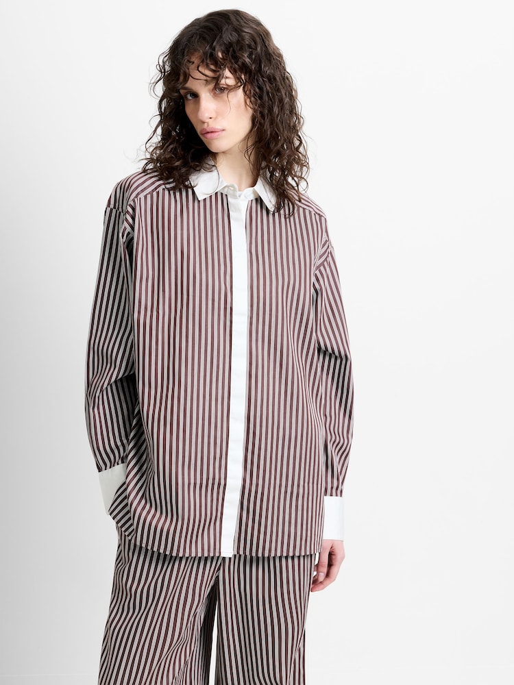French Connection Brown Cambria Cotton Striped Shirt - Image 1 of 4