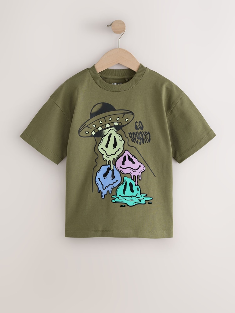 Khaki Alien Short Sleeve Graphic T-Shirt (3-16yrs) - Image 1 of 4 Khaki Alien Short Sleeve Graphic T-Shirt (3-16yrs) - Image 1 of 4