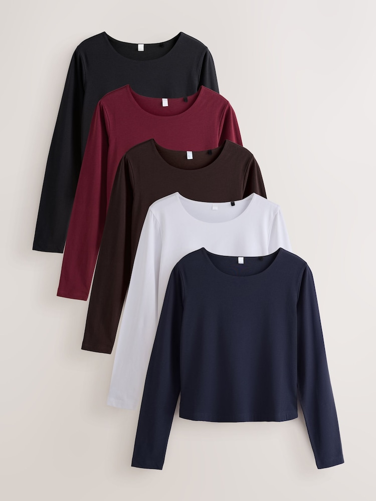 Multi Long Sleeve Crew Neck Fitted T-Shirts 5 Pack - Image 1 of 8