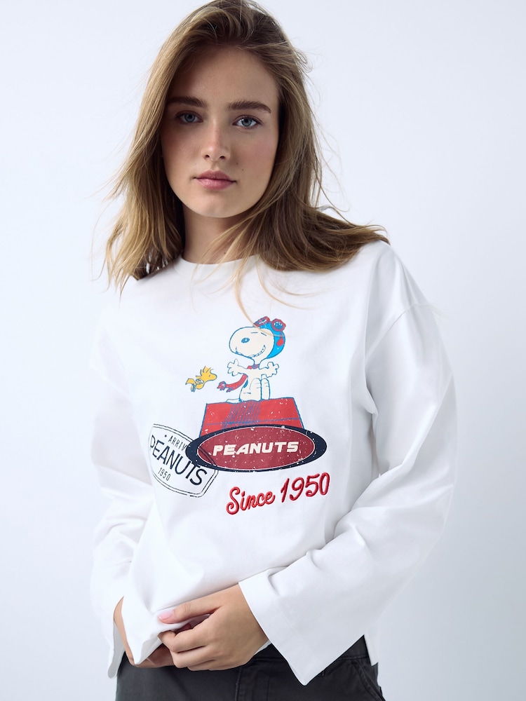 White Snoopy Licence Graphic Crew Neck Long Sleeve Top - Image 1 of 6 White Snoopy Licence Graphic Crew Neck Long Sleeve Top - Image 1 of 6