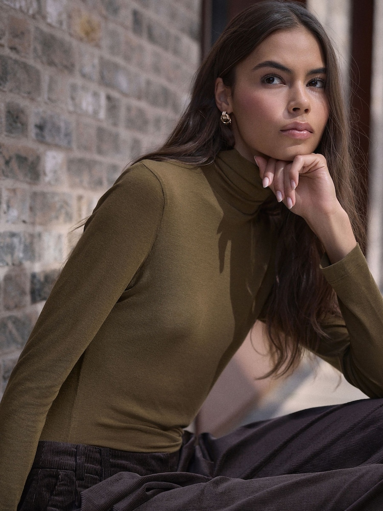 Olive Green Premium Wool Roll Neck Long Sleeve T-Shirt - Image 1 of 3 Olive Green Premium Wool Roll Neck Long Sleeve T-Shirt - Image 1 of 3
