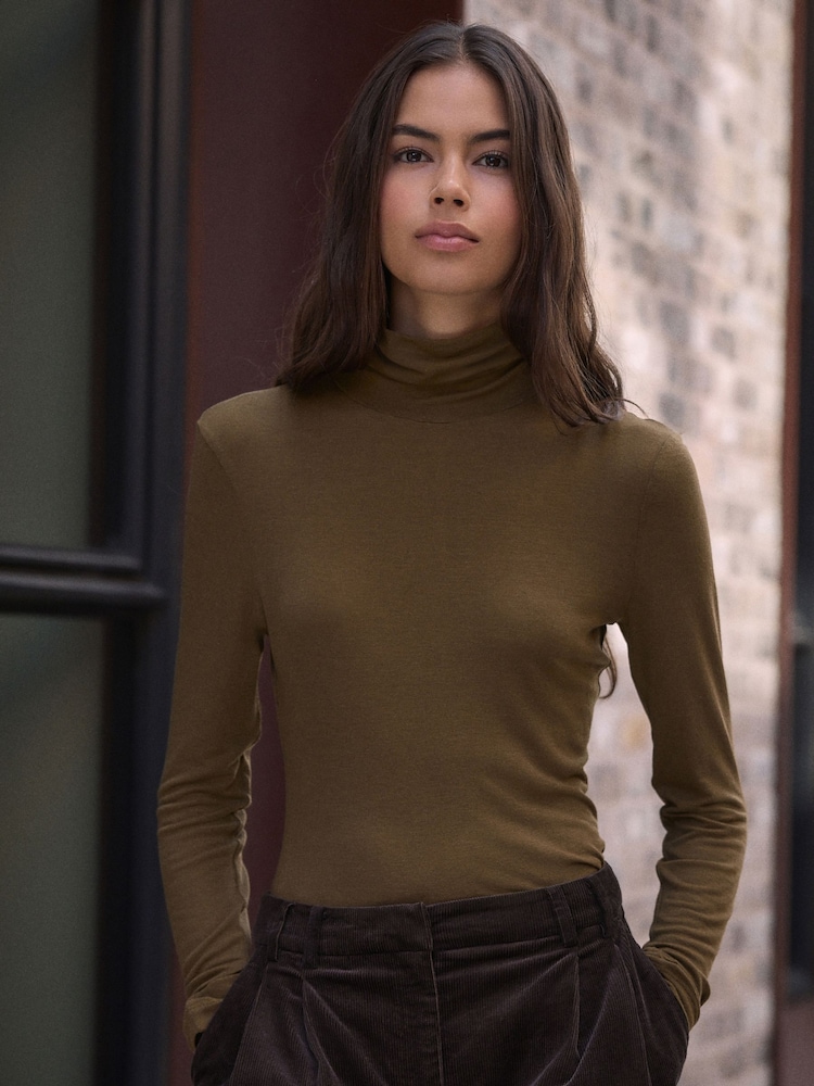 Olive Green Premium Wool Roll Neck Long Sleeve T-Shirt - Image 2 of 3 Olive Green Premium Wool Roll Neck Long Sleeve T-Shirt - Image 2 of 3