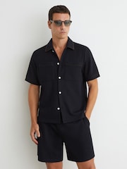 Reiss Navy Weaver Textured Piped Short-Sleeve Shirt - Image 1 of 7