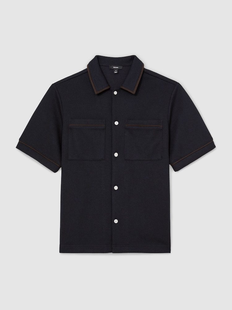Reiss Navy Weaver Textured Piped Short-Sleeve Shirt - Image 2 of 7