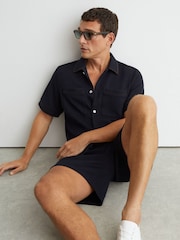 Reiss Navy Weaver Textured Piped Short-Sleeve Shirt - Image 3 of 7